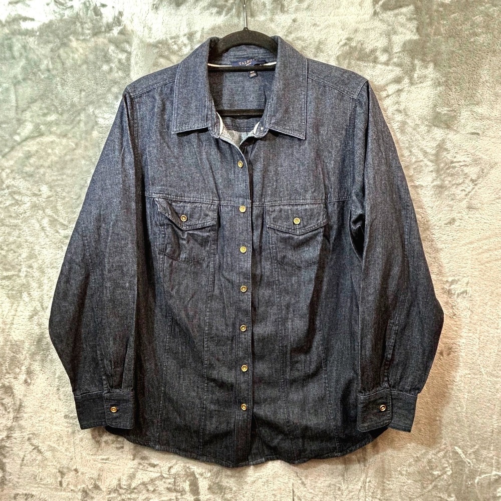 Talbots Woman Dark Wash Indigo Denim Button Down Shirt Plus Size 16W Long Sleeve